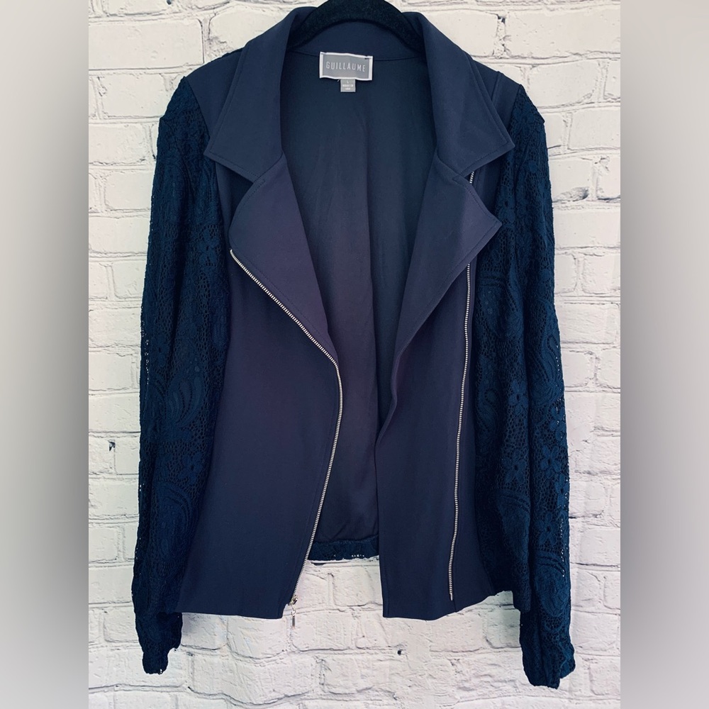Elegant Guillaume Navy Lace Blazer Cropped Jacket Size Large